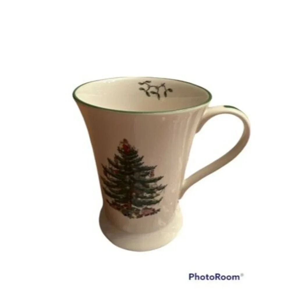 SPODE Porcelain TALL FOOTED Christmas Tree COFFEE MUG 12oz GREEN TRIM Pimpernel